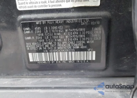 2010 Subaru Outback 2.5I z USA, uszkodzony, nr VIN 4S4BRCAC6A3362225